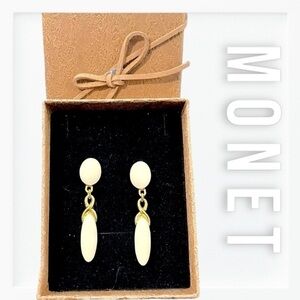 Vintage Monet Cream and Gold Tone Stud Drop Earrings